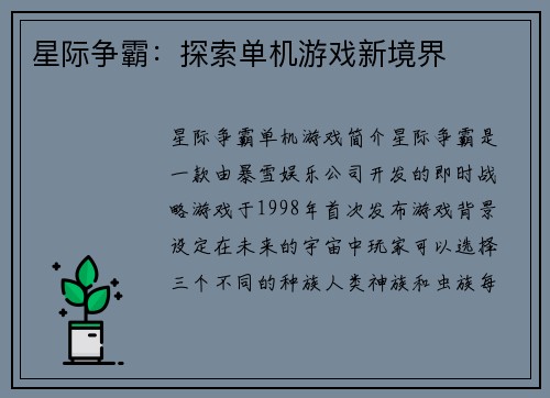 星际争霸：探索单机游戏新境界